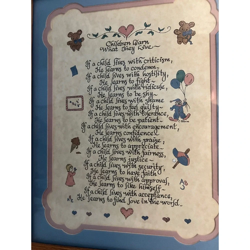 Vintage Children Learn What They Live Framed Calligraphy Poem C Blaine 1980s